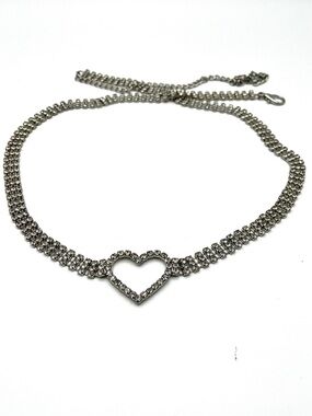 Heart Silver Adjustable Belt 3 Rows of Rhinestones 42" Long Lightweight
